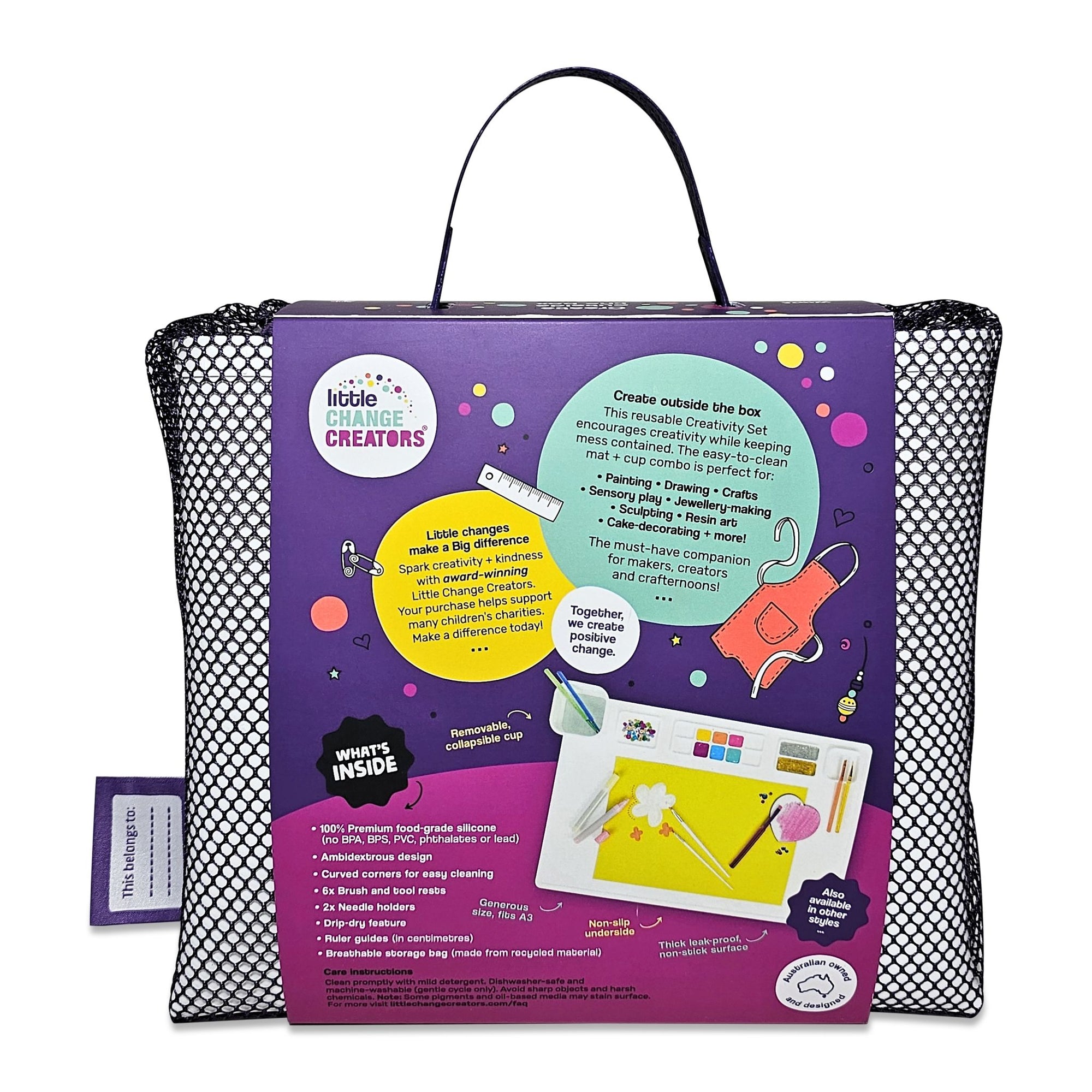 Little Change Creators high-quality silicone craft mat in playful packaging with vibrant colours and a carry handle.