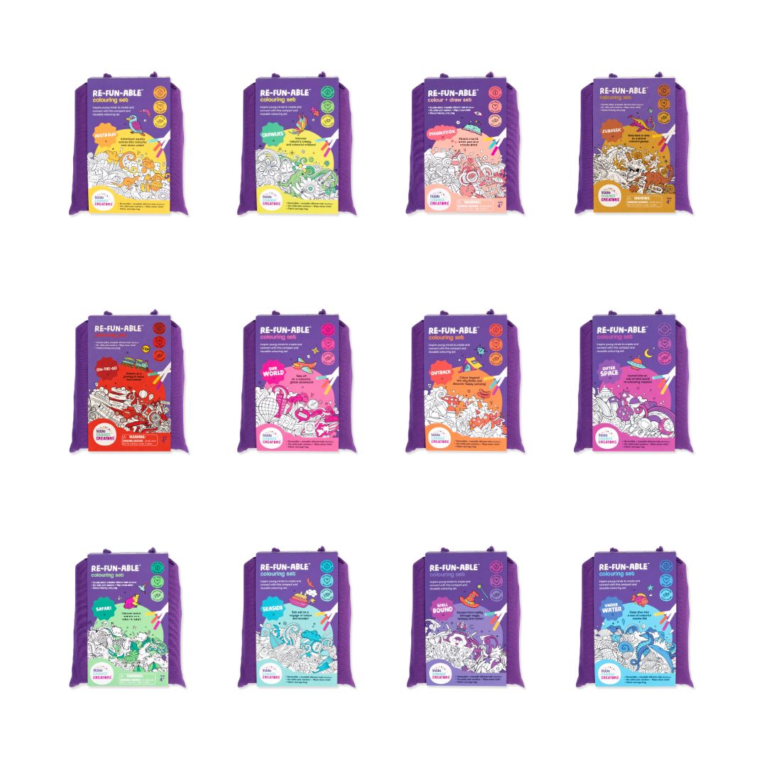 Mega value pack of four Re-FUN-able silicone colouring mat sets with family discount offer.