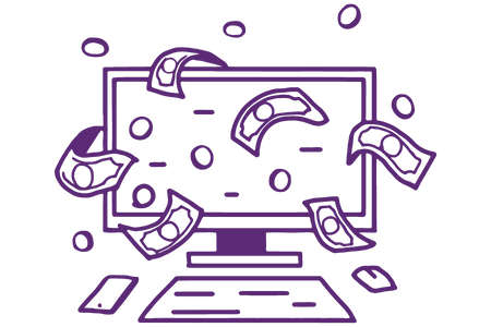 A doodle-style icon with purple linework showing a computer surrounded by cash and coins.