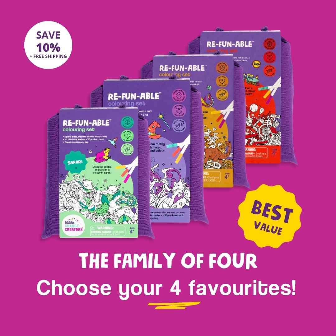 Mega value pack of four Re-FUN-able silicone colouring mat sets with family discount offer.