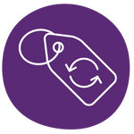 A purple icon featuring a swing tag with curved arrows implying reusable product