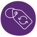 A purple icon featuring a swing tag and curved arrows implying that a product is reusable.