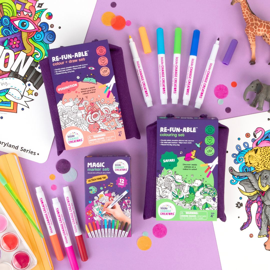 Reusable colouring sets and markers on a purple background with animal illustrations.
