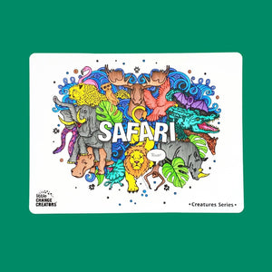 Front of Safari reusable colouring and doodle mat with detailed colouring