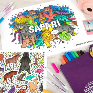 Detailed colouring of two sides of a Safari reusable colouring set