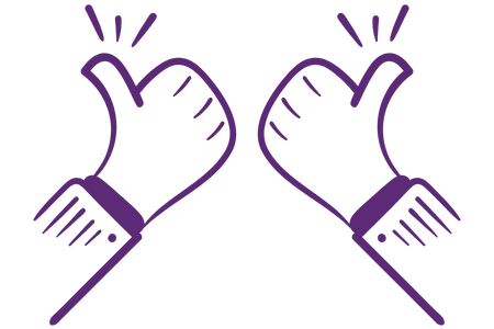 A doodle-style icon with purple linework showing two hands giving a thumbs up gesture.
