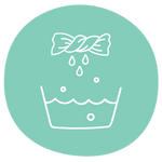 A green icon showing a bucket of water with a wringed cloth to imply washable, reusable and sustainable.