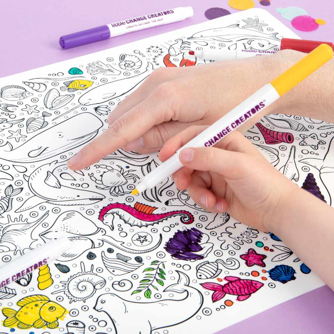 Collection of art supplies on a yellow background with promotional text.