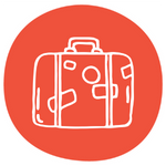 An orange icon featuring a doodle of a suitcase to suggest travel-friendly