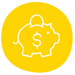 A yellow icon featuring a white doodle of a piggy bank to represent value for money or cost-savings.