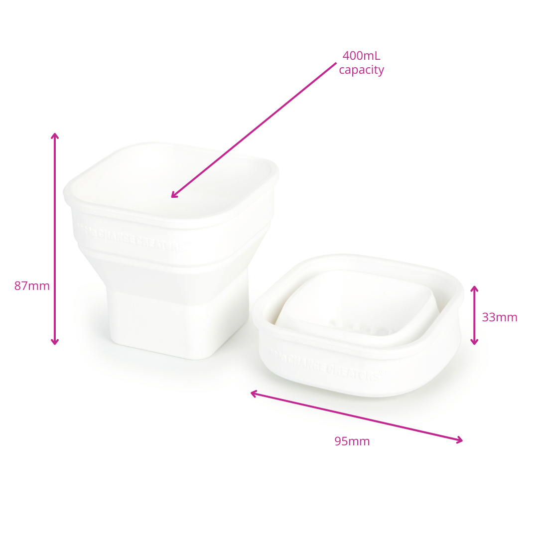 White collapsible cup for painting made from silicone with dimension showing height and capacity.