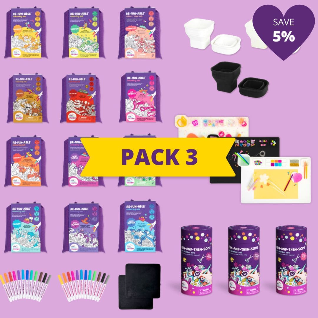 Little Change Creators Wholesale Pack 3 featuring Re-FUN-able Colouring Sets, Re-CRAFT-able Creativity Sets, art supplies and colouring accessories.