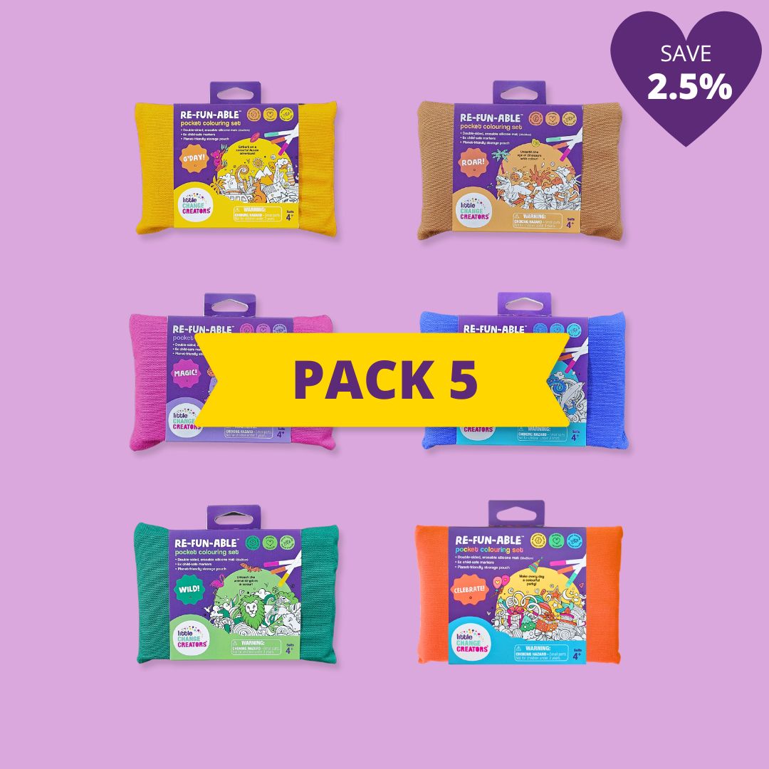 Little Change Creators pocket-sized Re-FUN-able Colouring Sets on a purple background with a discount message.