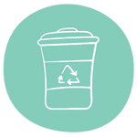 A green icon featuring a doodle of a rubbish bin displaying a recycling symbol.  The doodle implies zero-waste or circular economy.