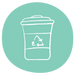 A green icon featuring a rubbish bin with circular arrows to imply recyclable or zero-waste.