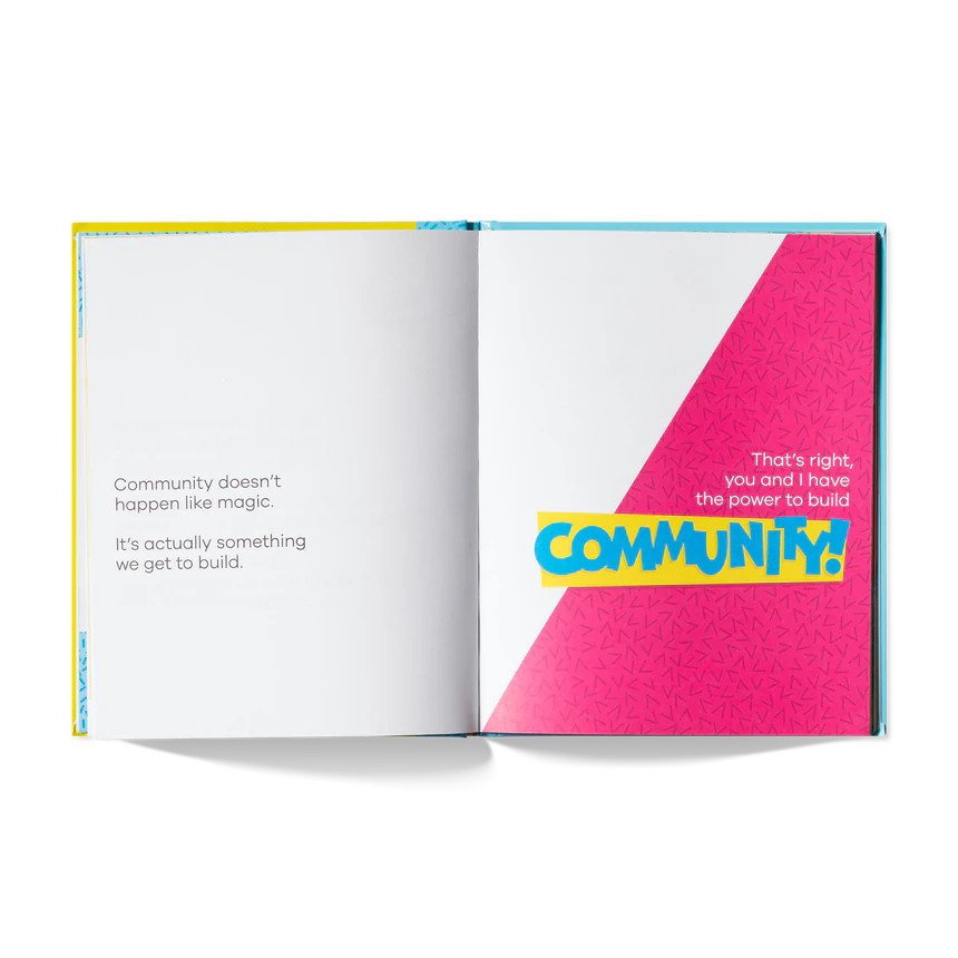 A kids book about community by Shane Feldman open page showing sample pages of text from the book