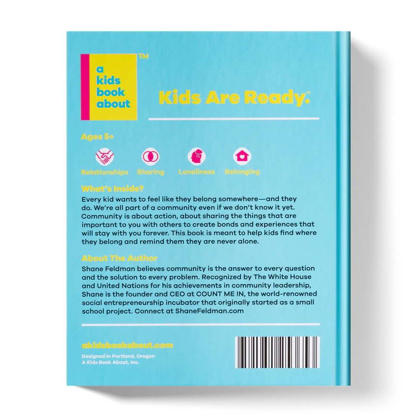 A kids book about community by Shane Feldman showing rear cover