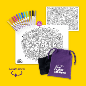 Australia reusable colouring mat showing front and rear double sided images, bag, markers, cloth and token