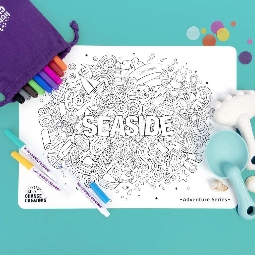 Seaside themed colouring set for childrens doodle and scribble mat fun
