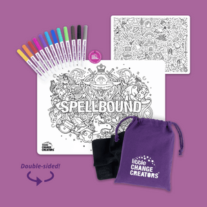 Spellbound reusable colouring mat showing front and rear double sided images, bag, markers, cloth and token